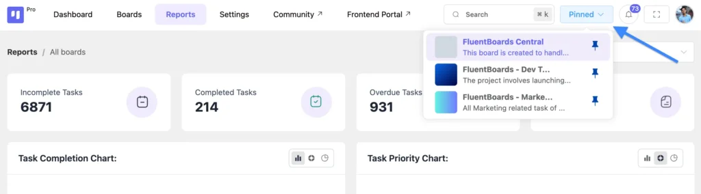 You’ll notice a new global option called “Pinned” in the top navigation bar. Clicking on it shows all your pinned boards in one place, giving you instant access whenever you need.